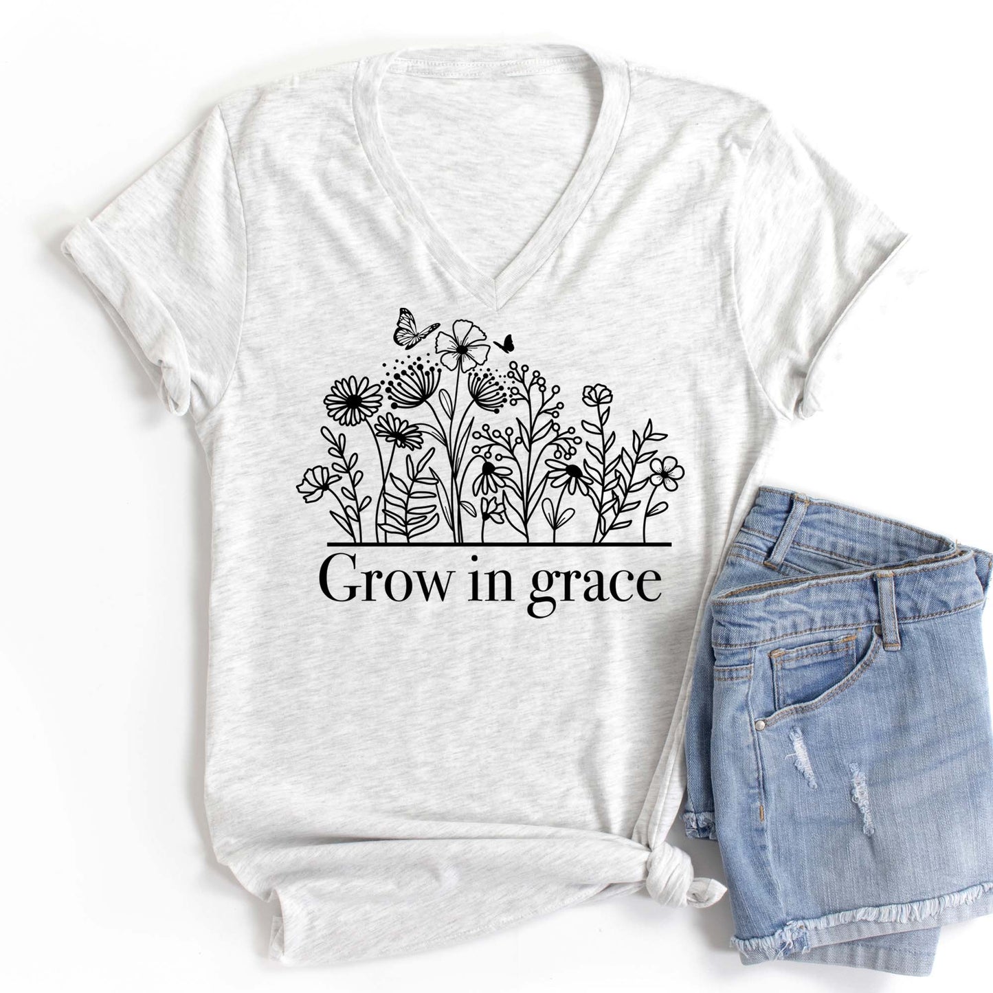 Grow in Grace V Neck Graphic Tee