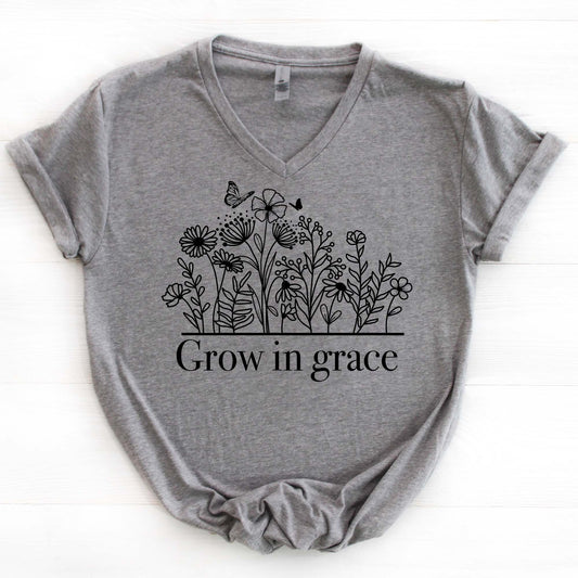 Grow in Grace V Neck Graphic Tee