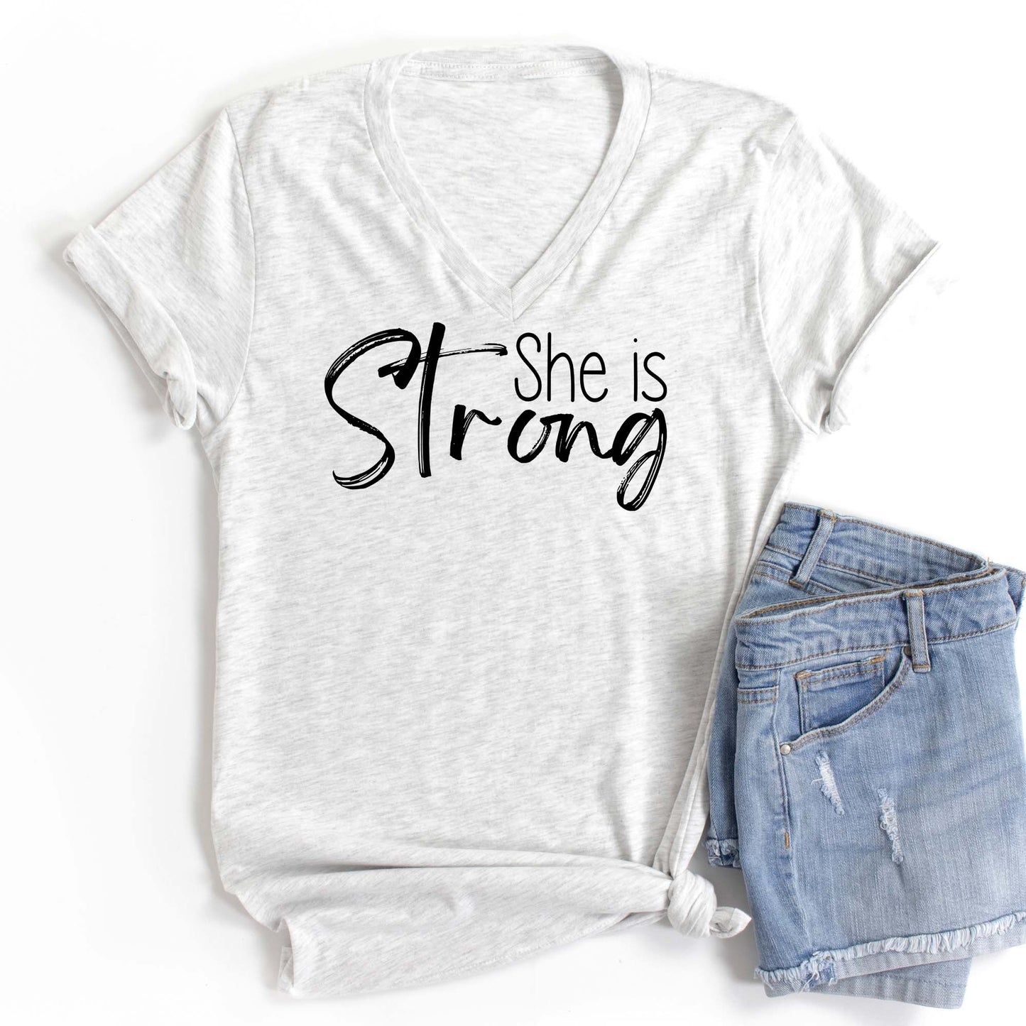 She is Strong V Neck Graphic Tee